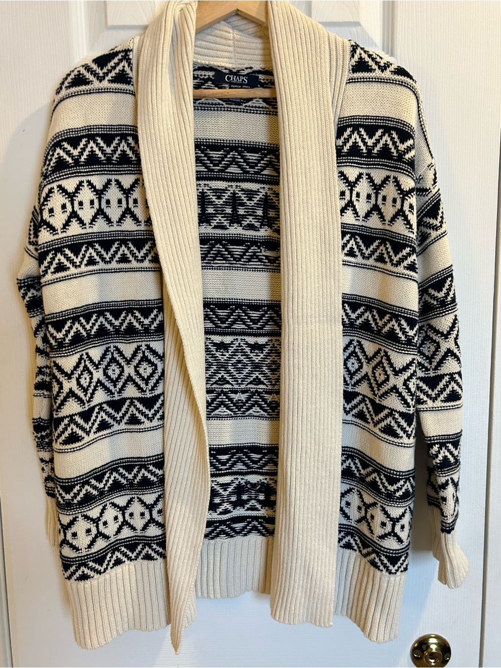 Chaps Women’s Cream & Black Shawl Collar Patterned Sweater - size small